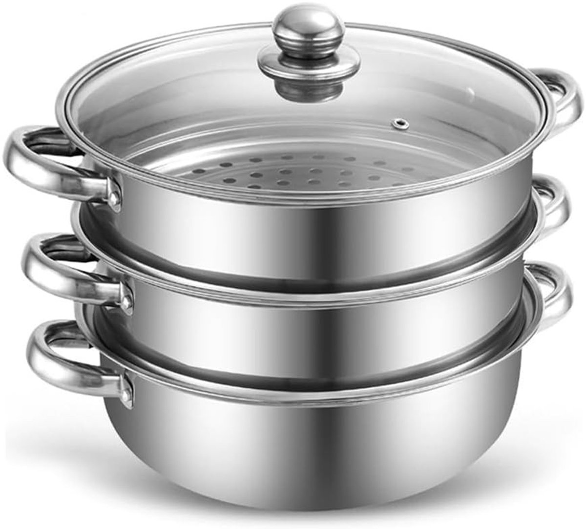 Stoomkoker 11 in 1 - RVS Stoompan Geschikt voor Inductie en Vaatwasser - Set met 3/4 Niveaus en Glazen Deksel voor Groenten, Aardappelen en Gezond Koken