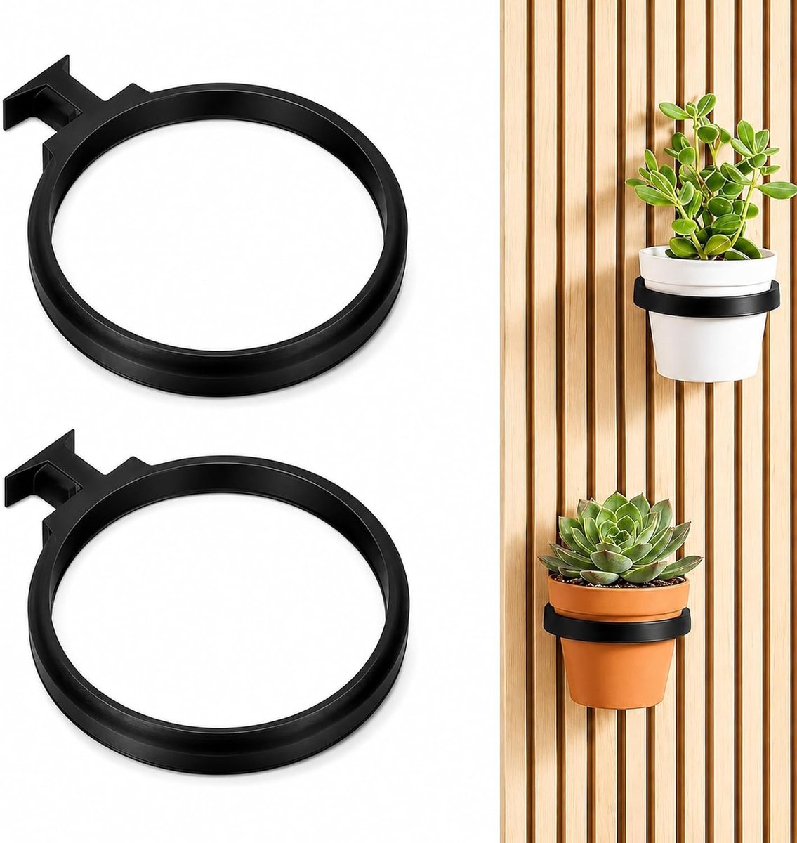 Set van 2 Wandplantenhouders: Zwarte Floating Shelf voor Akoestische Panelen, Multifunctionele Plantenaccessoires voor Woonkamer en Slaapkamer, Ronde Decoratieve Plank
