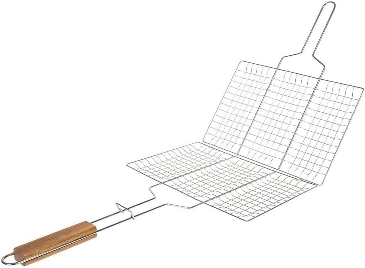 Grillrooster, rechthoekig, 34 x 22 cm, van verchroomd staal met houten handvat, perfect voor meesterlijk grillen