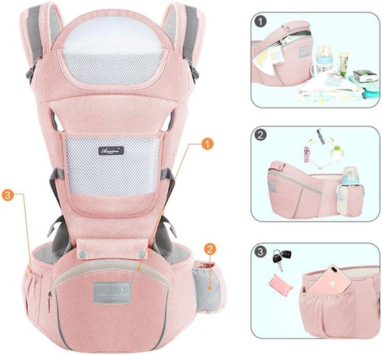 CHICFURN Roze Babydraagzak met Heupzitje voor Ouders, Baby's en Peuters, Geschikt voor Verschillende Draagwijzen en Groeifasen, met Afzonderlijk Te Gebruiken Schouderbanden en Heupzitje, Ademend Katoen en Opbergtas — afbeelding 4