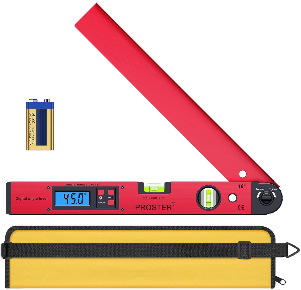 SnelShoppen - Digitale hoekmeter 0-225° met waterpas en LCD-verlichting - 400 mm hoekmeter in rood voor nauwkeurige dakbedekkingstechniek