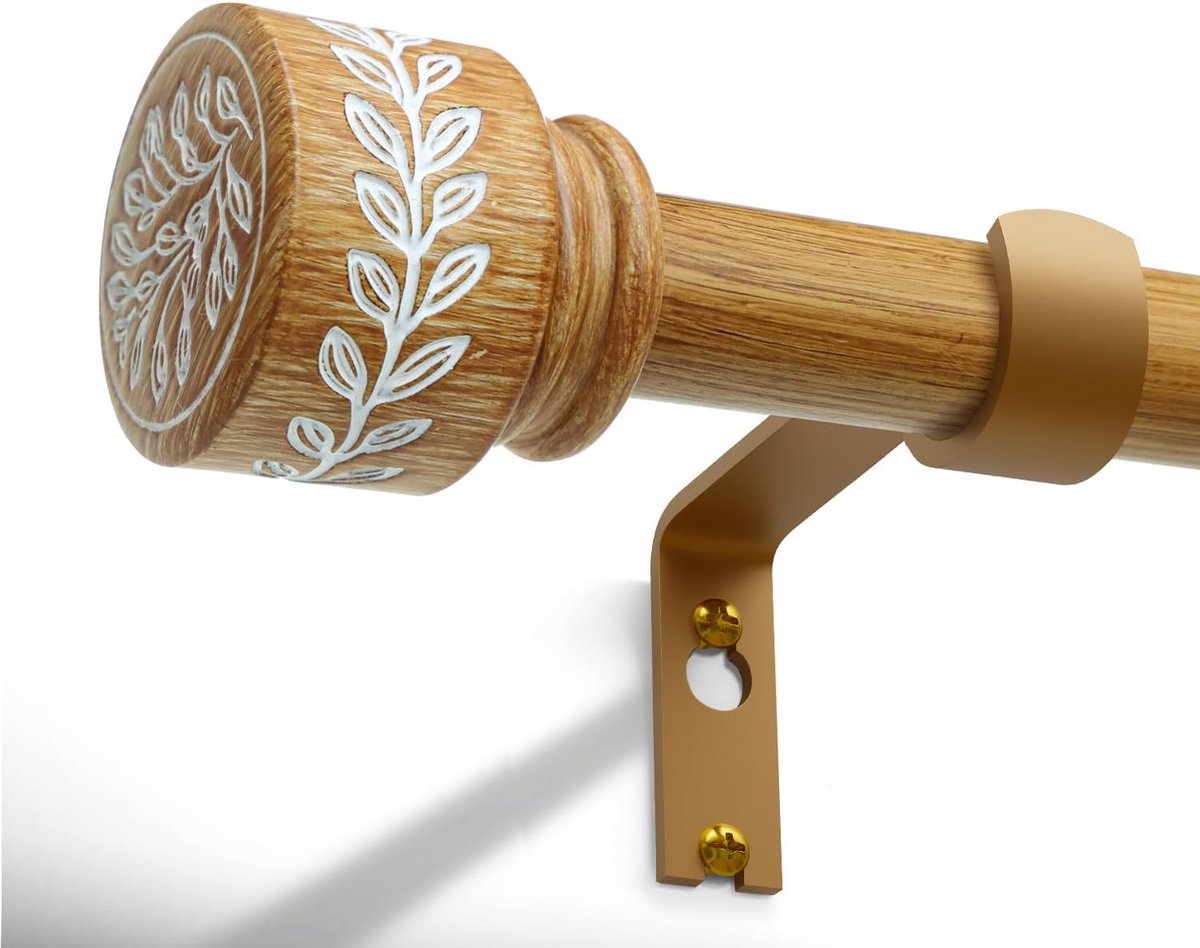 SnelShoppen - Telescopische Gordijnroede 80 - 365 cm met Donker Houtlook, Decoratieve Bladvormige Einden, 25 mm Diameter, 15 kg Draagcapaciteit voor W
