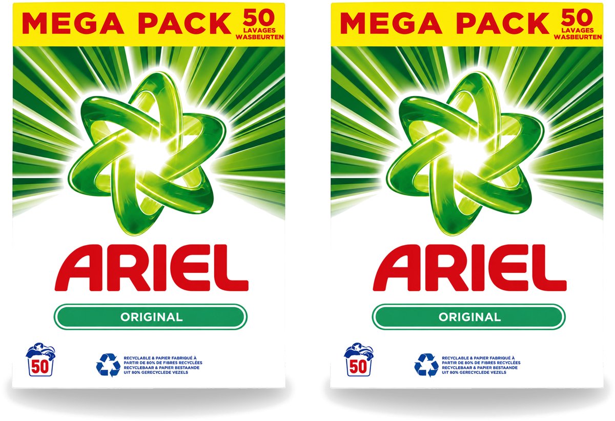 2 x Ariel Original - Waspoeder - Witte en Lichtgekleurde Was - 50 Wasbeurten - Voordeelverpakking - 2 stuks