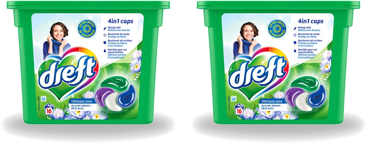 2 x Dreft - Wasmiddelcapsules 4in1 - Gekleurde Was - Blauwe Droom - 16 Wasbeurten - Voordeelverpakking - 2 stuks