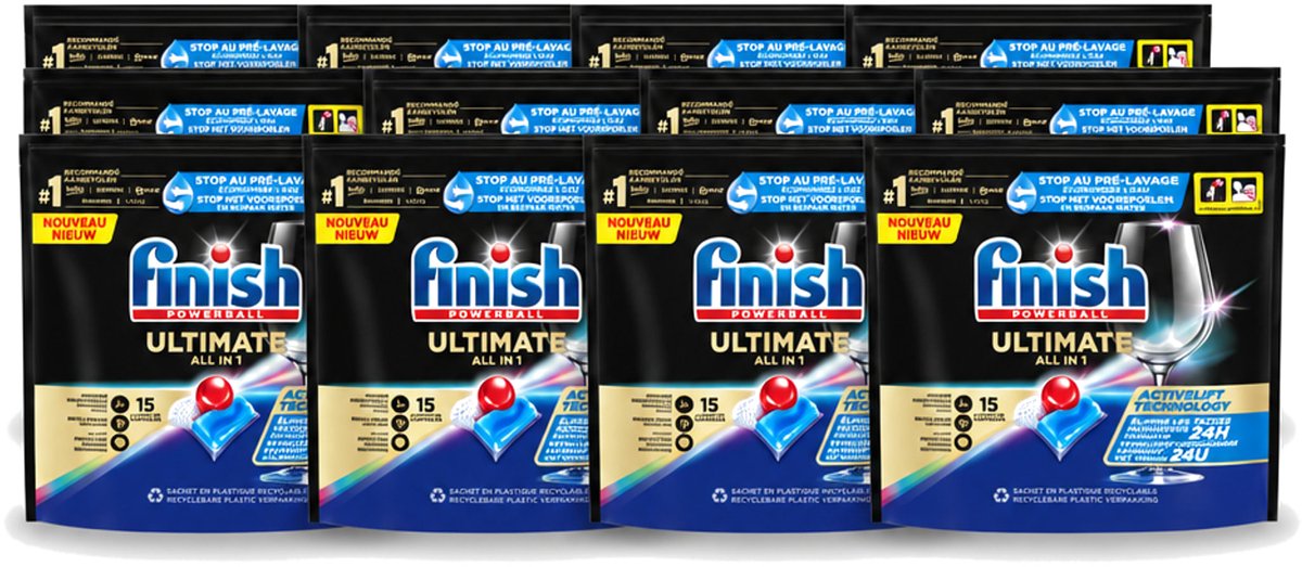 12 x Finish Powerball - Ultimate All in 1 - Vaatwastabletten - Activelift - 15 Capsules - Voordeelverpakking - 12 stuks
