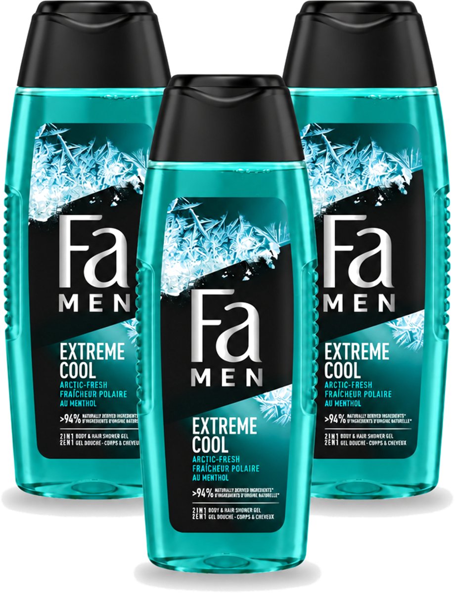 3 x Fa Men - Extreme Cool - 2 in 1 Douchegel & Shampoo - Menthol - 250 ml - Voordeelverpakking - 3 stuks