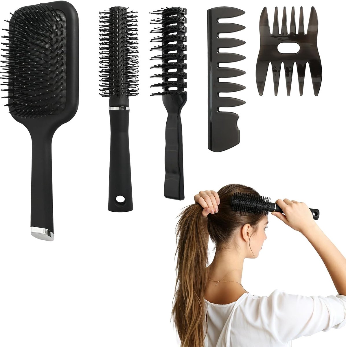 Heren Haarborstel Set 5 Stuks - Paddle Borstel met Flexibele Kussen - Professionele Styling en Ontklitten - ShopVlot