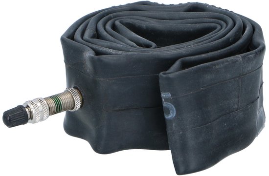Zwarte, opgerolde fietsbinnenband met een Dunlop ventiel.