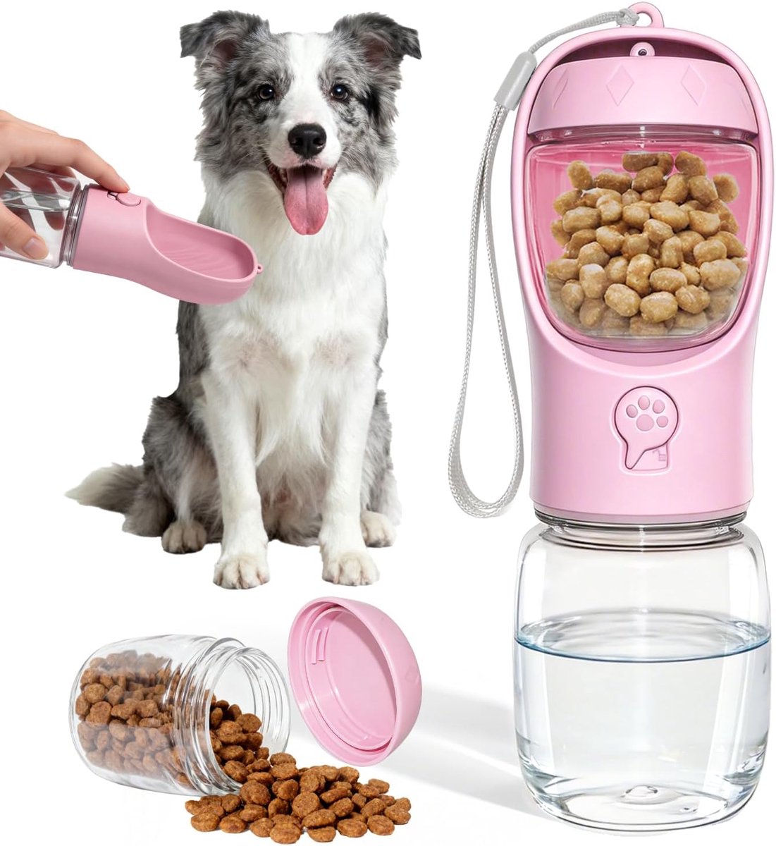 Waterfles voor Hond Draagbaar 2-in-1 Gebruik Wandelen(Roze, 350ml)