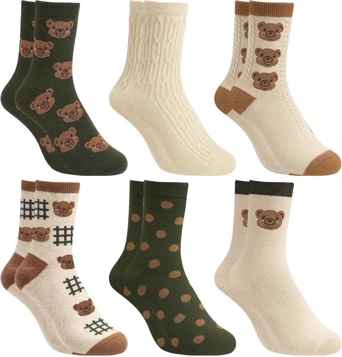 Dames Katoenen Wintersokken - Multi-kleurig - Set van 6 - Schattige Kawaii-stijl met Ruches - Voor Verjaardagen en Kerstmis