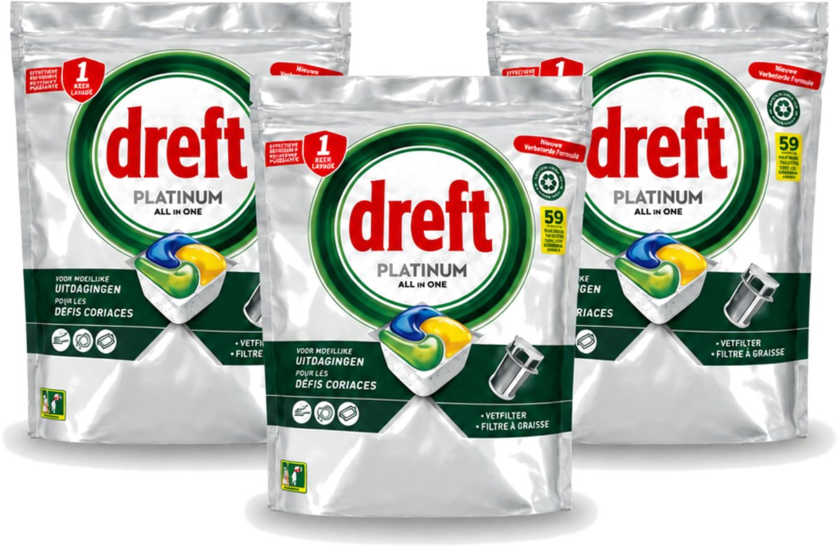 3 x Dreft – Vaatwastabletten – All-in-One Platinum – Lemon – 59 Tabletten - Voordeelverpakking - 3 stuks