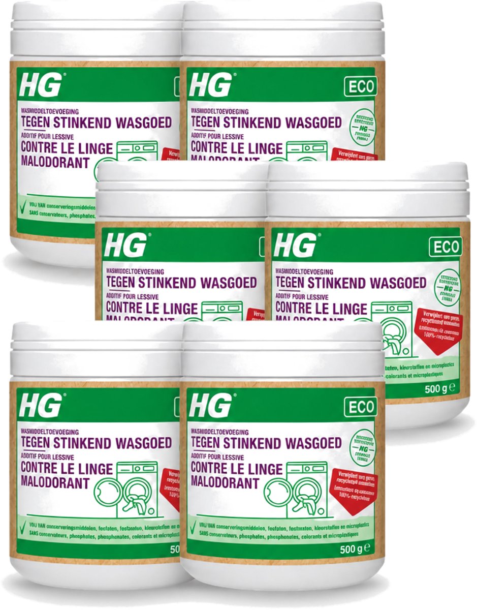 6 x HG ECO - Wasmiddeltoevoeging Tegen Stinkend Wasgoed - Effectieve Formule - 16 Wasbeurten - 500 g - Voordeelverpakking - 6 stuks