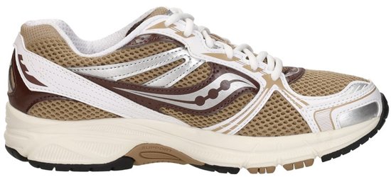 Binnenzijde van beige Saucony Grid Legacy sneaker met zilveren Saucony logo en Support-technologie.