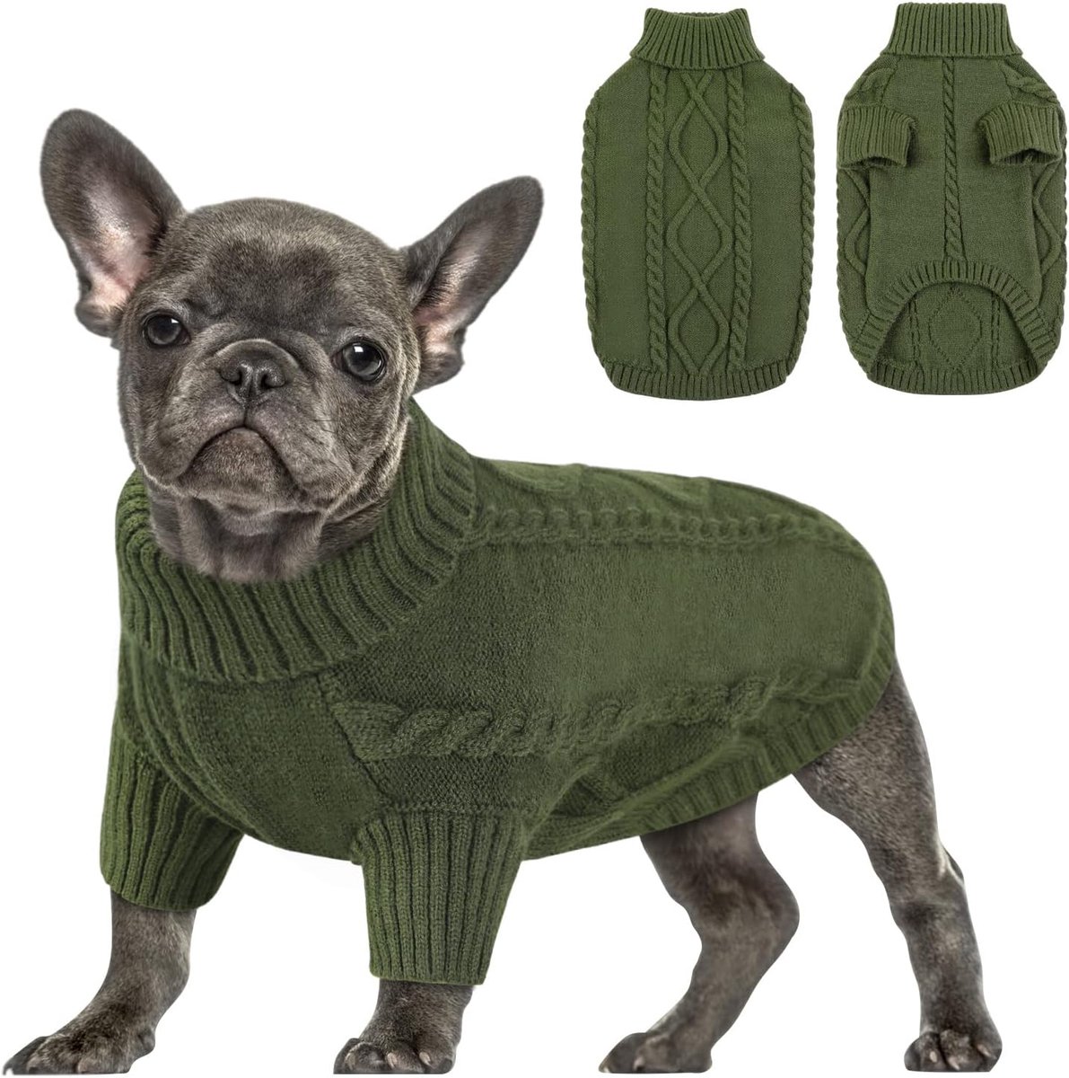 Kleine hondentrui, trui voor koud weer, kabel, gebreide kleding, klassieke coltrui, dikke warme kleding voor chihuahua, bulldog, teckel, mopshond (legergroen, XL)