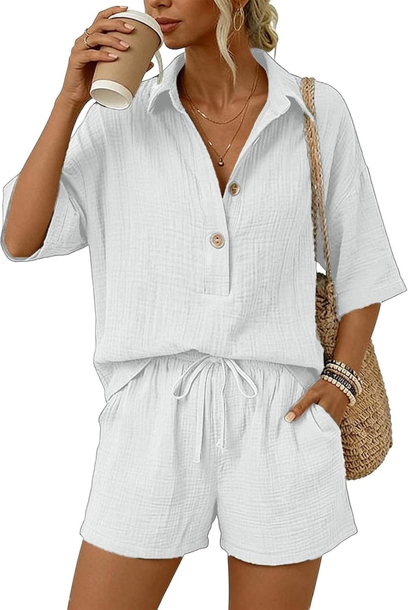 2-delige set voor dames, kort overhemd met kraag en shorts, casual outfit van gekreukte stof met trekkoord, voor zomer, vakantie