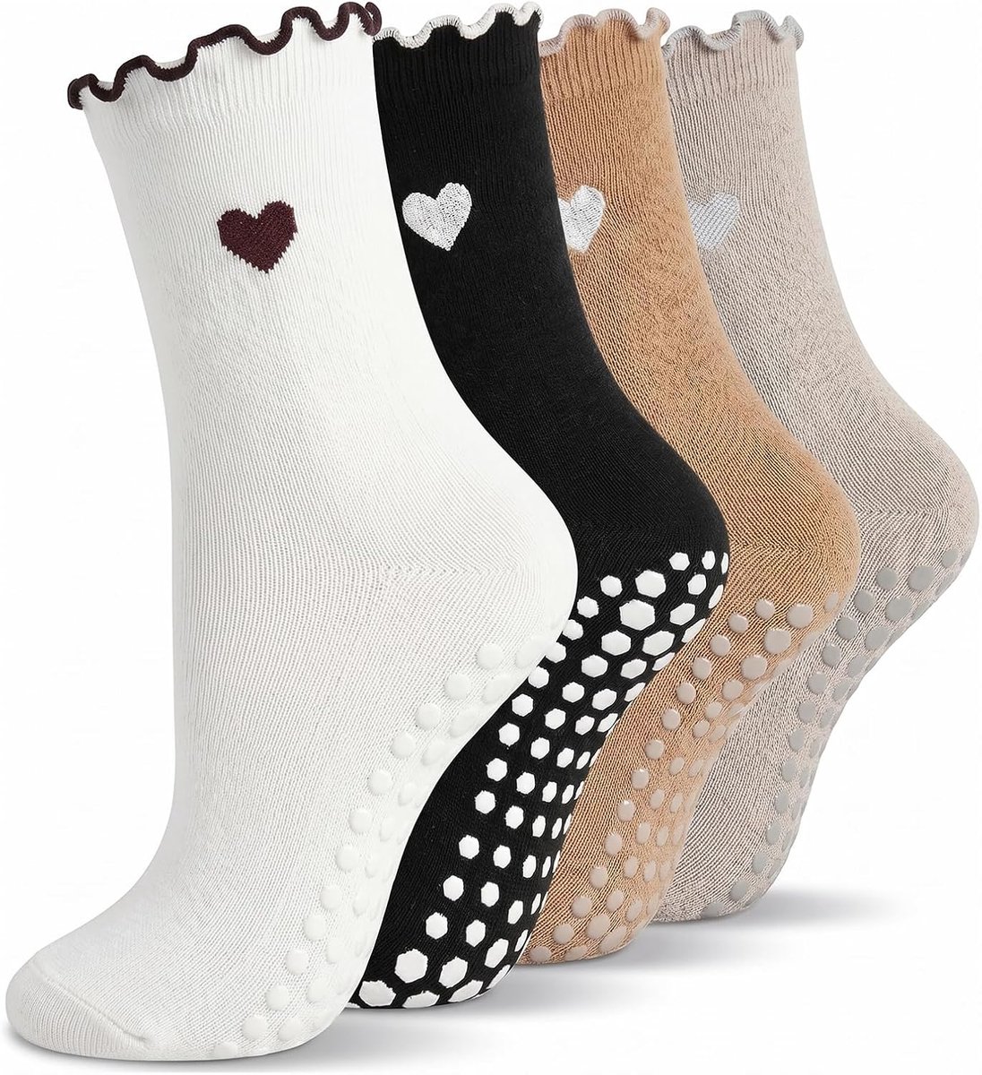 Sokken met noppen voor dames, ruches, hartborduurwerk, stoppersokken voor dames, katoenen yogasokken, grip sokken, pilates, reformer pilates sokken voor pilates, dans, barre