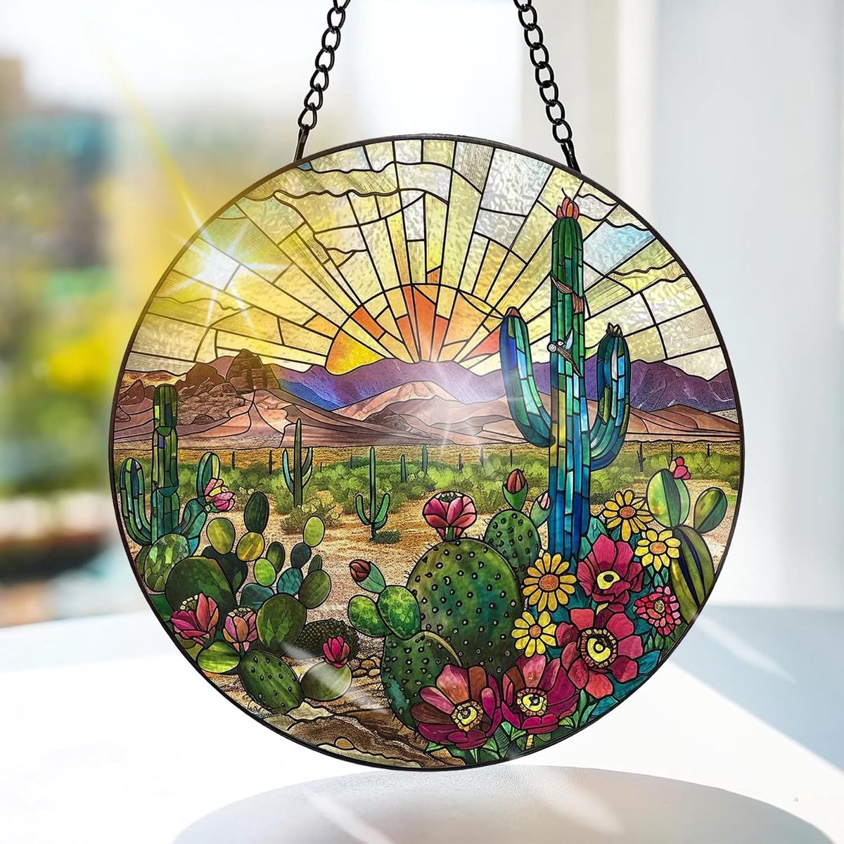 Cactus Gekleurd Glas Hangend - Planten Hangende Raamdecoratie - voor Tuin, Raam en Deur, Kerst, Handgemaakte Suncatcher Decoratie 20x20 cm