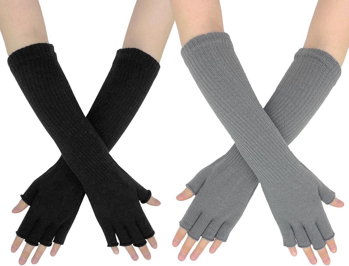 Gebreid, 2 paar, lange gebreide halve vingerhandschoenen, polswarmer voor vrouwen, tieners, meisjes, herfst, winter