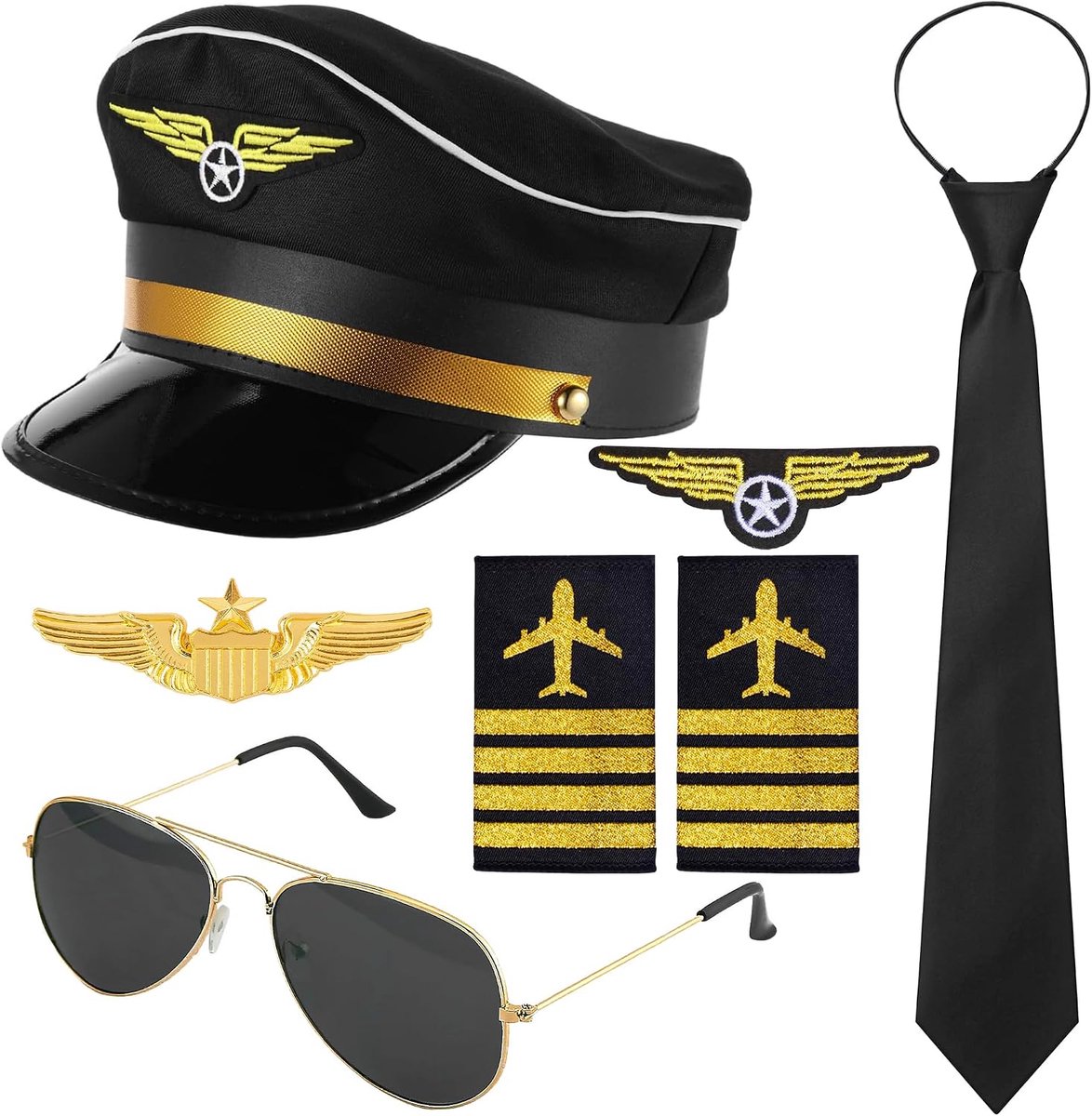 Piloot Kapitein Kostuum Accessoires, Pilot Kostuum met Kapitein Hoed Pin Tie Badge Schouderbanden Zonnebril