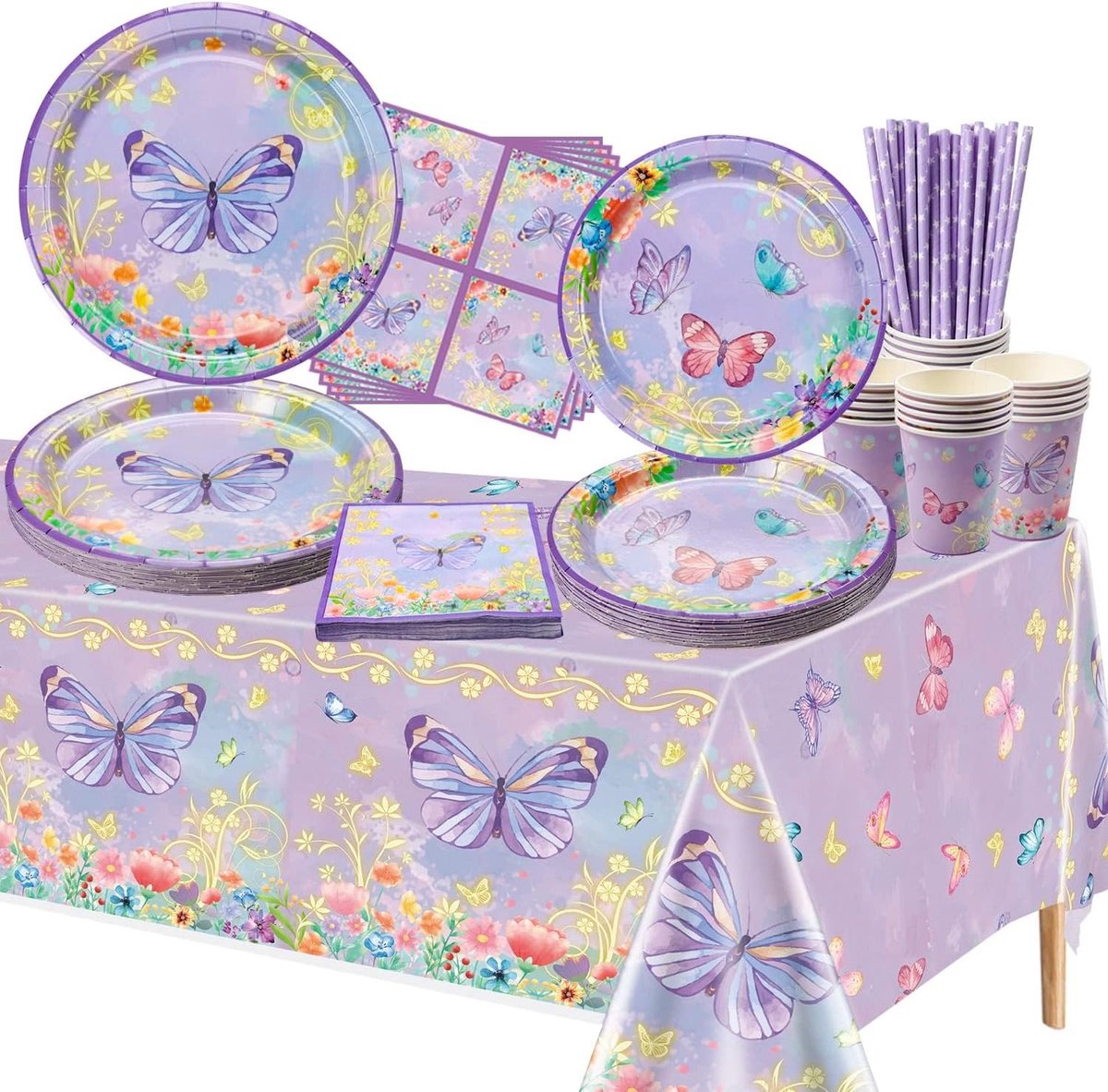Verjaardagsdecoraties - 106 stuks paarse feestdecoraties met borden, servetten, kopjes, tafelkleed en papieren rietjes voor vlinder verjaardagsfeestbenodigdheden, voor 20 (JY-09)