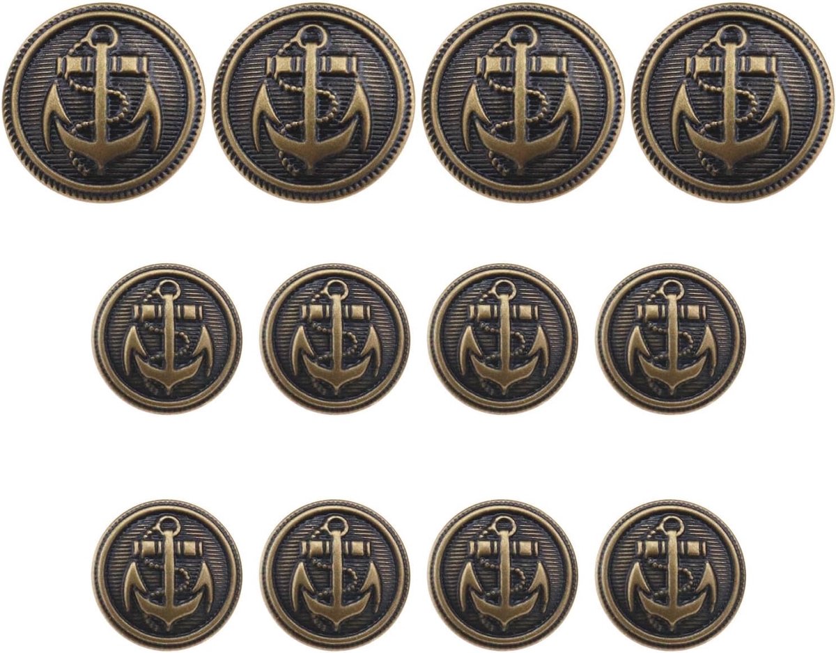 12Pcs Metalen Anker Knoppen Set Gesp In Brons-Tone Koper Naaien Schacht Knoppen Voor Diy Craft Kleding Uniform Jas 4Pcs 20Mm, 8Pcs 15Mm, Brons, 20mm, 15mm