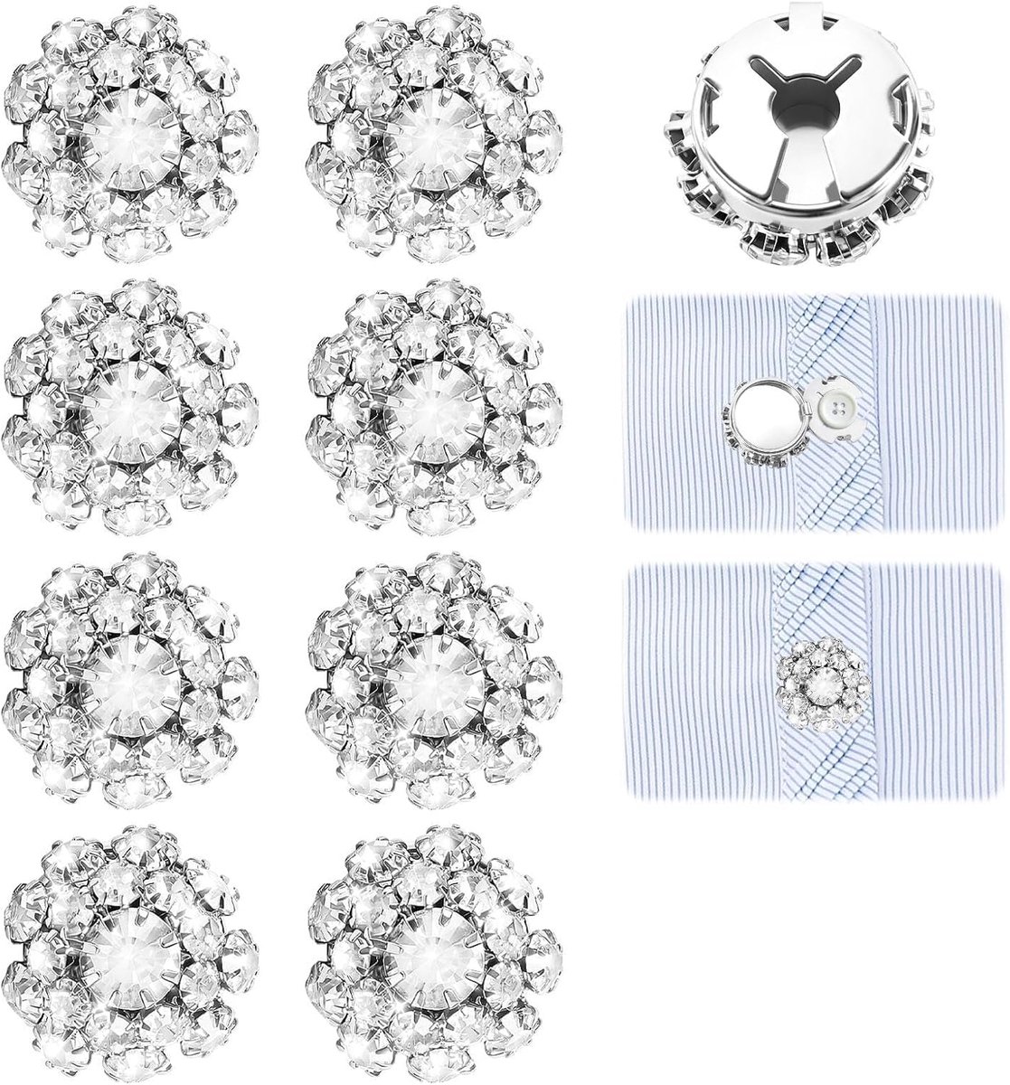8 stuks, afneembare mouwknoopafdekkingen, strass, knoop, decoratieclips, button covers, clip voor pak, manchet, overhemd, naaien en doe-het-zelf, zilver