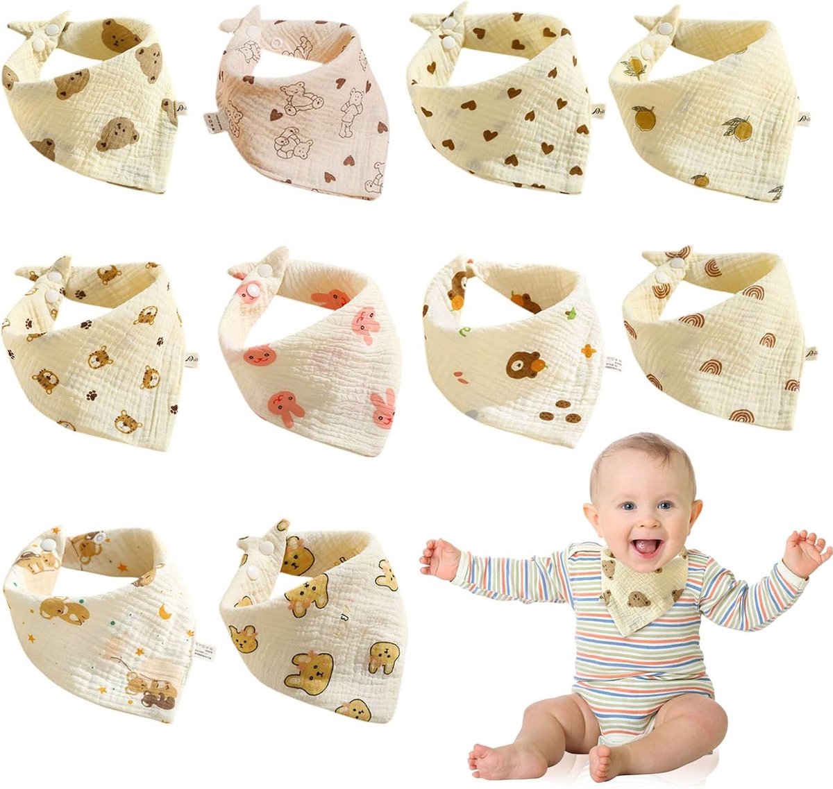 10 stuks driehoekige doekjes, babysjaaltjes en slabbetjes: zacht en huidvriendelijk, ademend en absorberend, met 2 verstelbare drukknopen, geschikt voor baby's van verschillende leeftijden