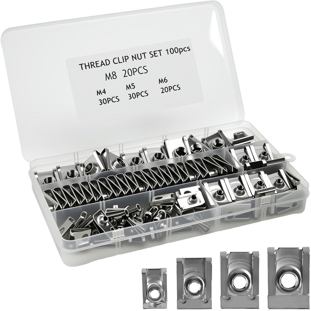 M4, M5, M6, M8, plaatmoeren assortimentset, roestvrij staal, schroefdraad, clip, moerset