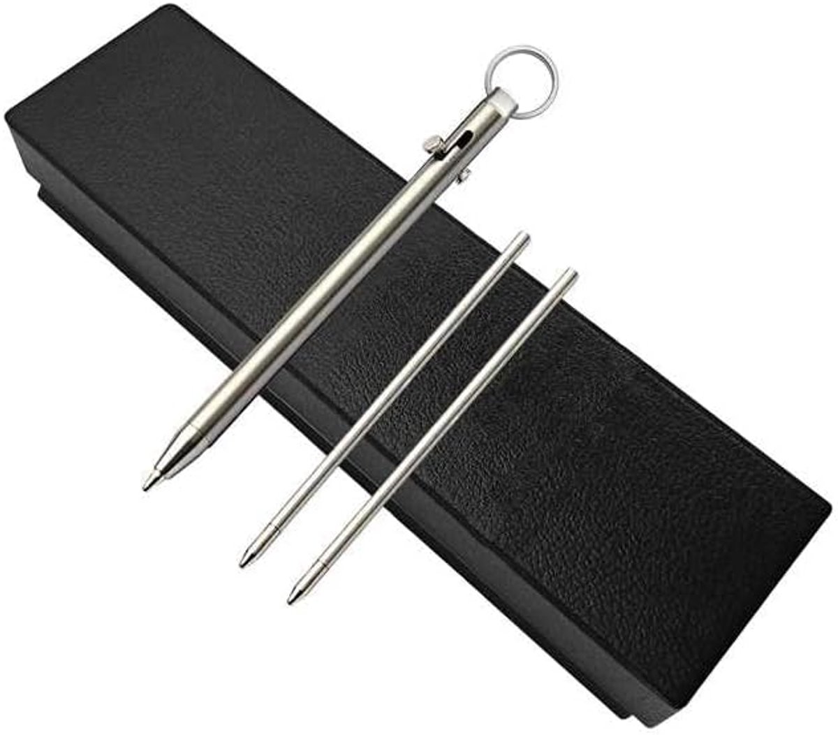 Mini-balpen van puur titanium met bolt-action-functie, EDC-pen, metalen balpen met sleutelring en doos, gepersonaliseerde creatieve handtekenstift voor het werk
