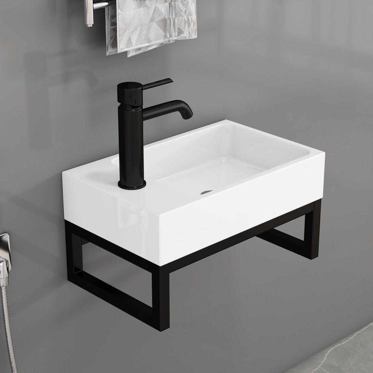 KOMHTOM Montagevrije mini-wandwastafel, vierkante matwitte keramische handwastafel met metalen frame, overloopgat, volledig voorgemonteerd, ruimtebesparende wandwastafel voor gastentoilet en badkamer, zonder