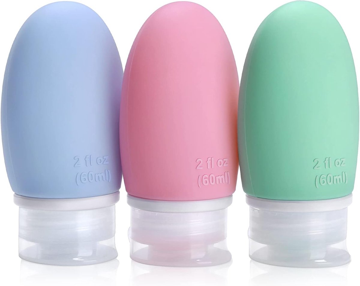 Set van 3 siliconen reisflessen, 60 ml, lekvrij, navulbare draagbare reiscontainer voor shampoo, crèmespoeling, BPA-vrij en TSA-getest