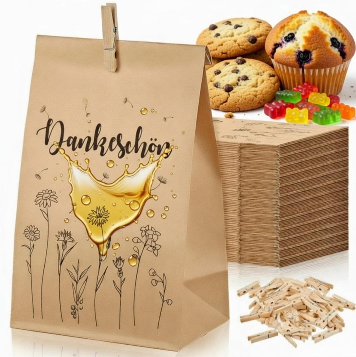 36 stuks bruine bedankjes, kraftpapier, 13 x 24 cm, bedankje, geschenkzakjes, grote lunchtassen, papieren voedselzakken met 36 houten knijpers voor bruiloft, verjaardag, feest, cadeau