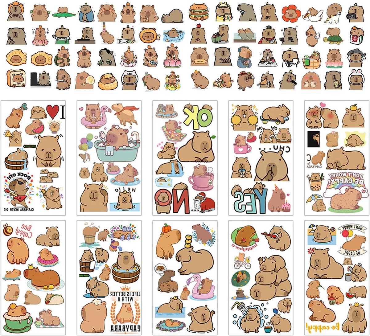 Tijdelijke tattoo-stickers, 60 graffiti-stickers, leuke cartoon-dieren, creatieve waterdichte stickers van Capybara, grappige huiddecoraties.