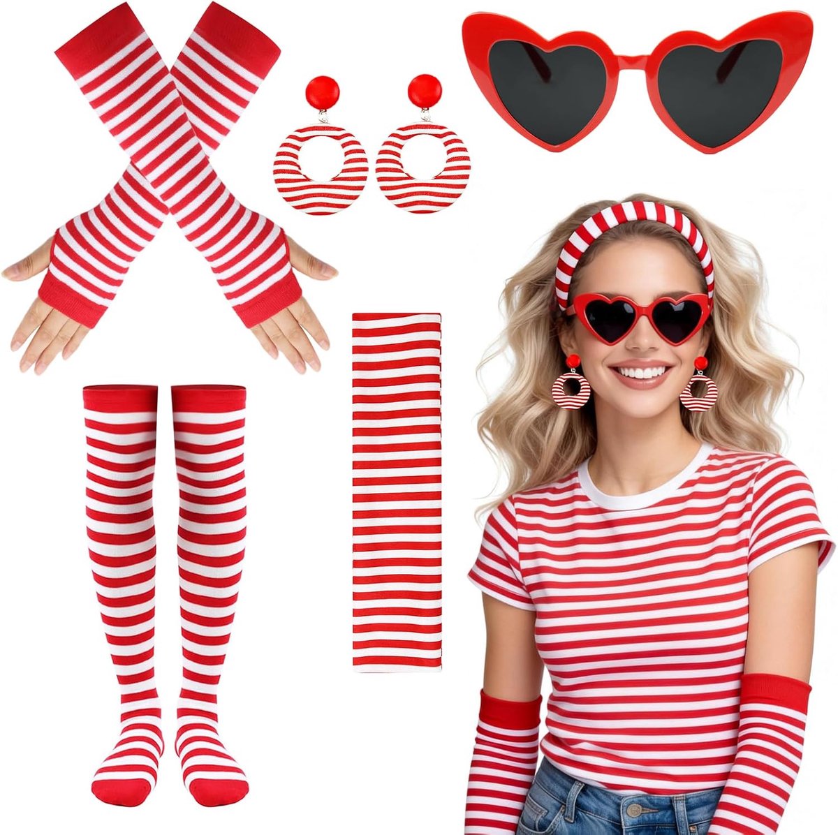 Rood wit, Keulen carnaval rood wit kostuum accessoires, haarband rood wit gestreept oorbellen handschoenen kousen bril carnavalskostuums