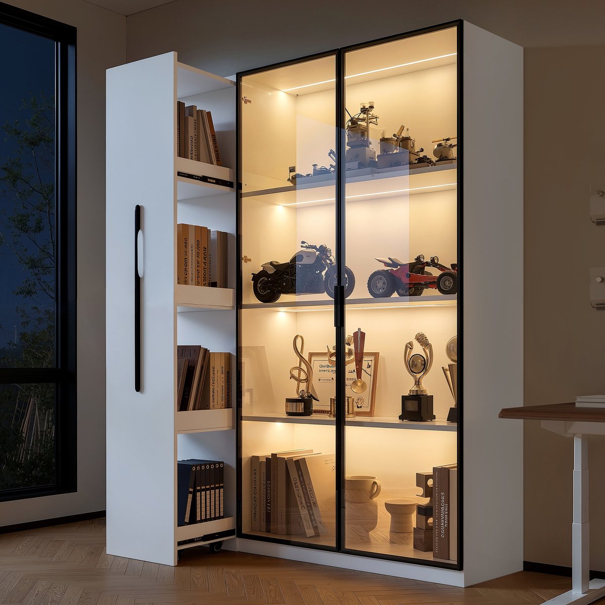 Intebiki vitrinekast met glas 110,5 x 35 x 160 cm – met ledverlichting en zij-uitbreidingen; kast met rolluikdeuren – Hoge kast in Franse stijl (geschikt als boekenkast, badkamerkast of eetkamerkast -wit