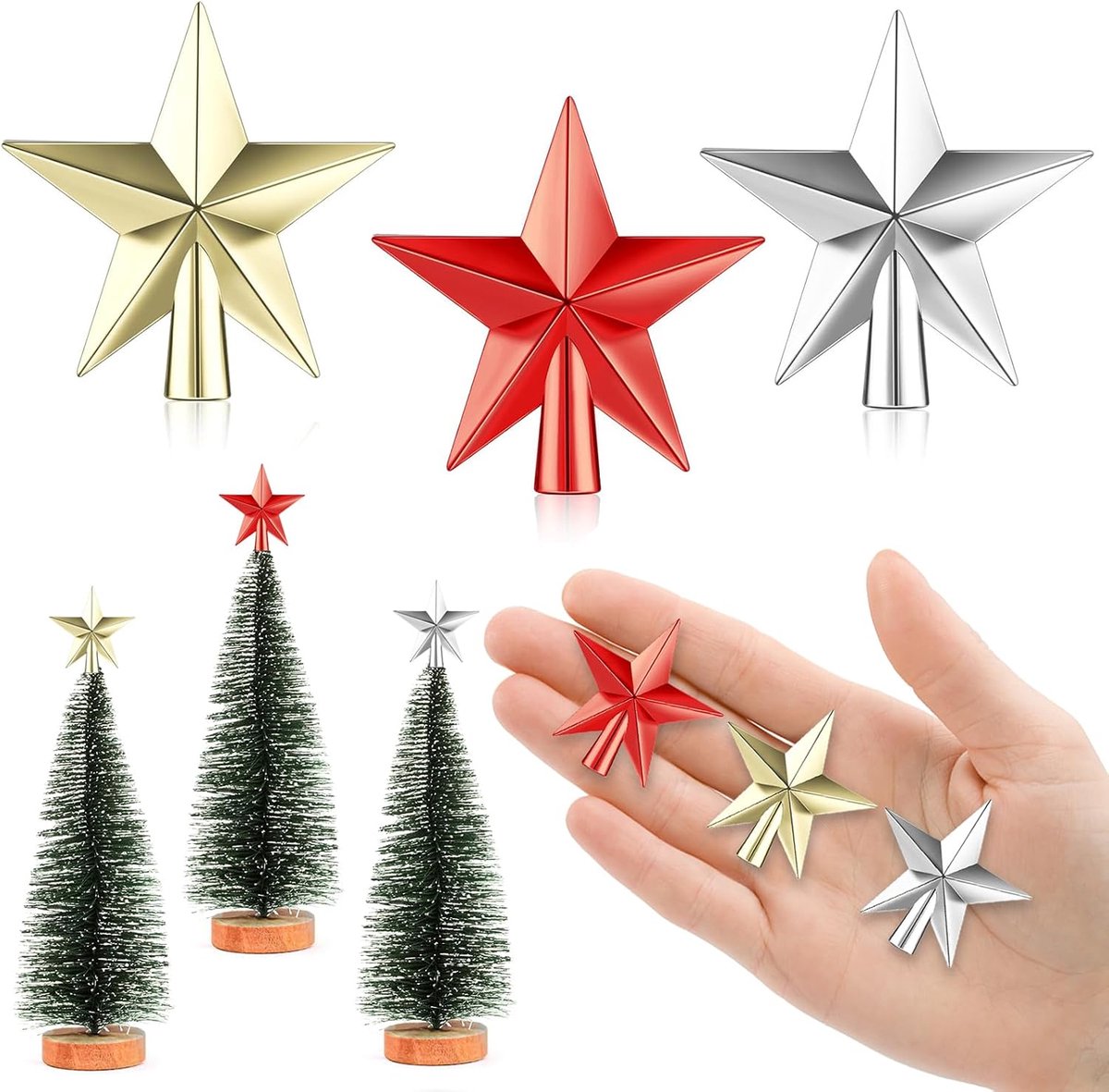 6 cm kerstboom, 3 stuks kleine kerstboom, mini-kerstboomtopper, kleine kerstster voor kerstboomdecoratie (4,5 cm, glanzend: rood goud zilver)