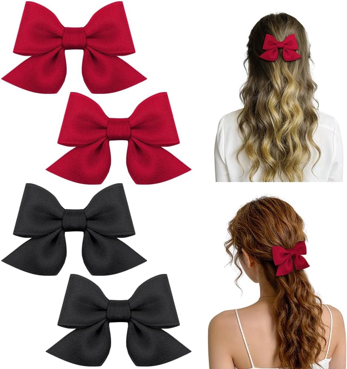 4 stuks haarspelden met strik, haarstrikken voor dames, grote haarspelden van zacht en zijdeachtig satijn met strik (zwart-rood), Kerstmis, bruiloft, verjaardag