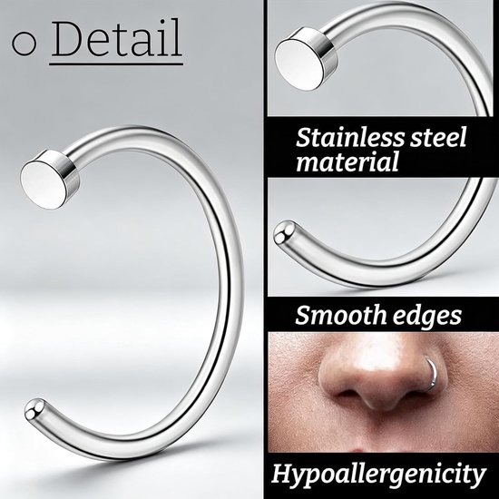 Set van 6 neppiercings, neuspiercing, septum-ring van roestvrij staal, nep-piercing, neusset, hoepel 6 mm/8 mm/10 mm, dun en klein, hypoallergeen voor kraakbeen en helix, zilver — afbeelding 3