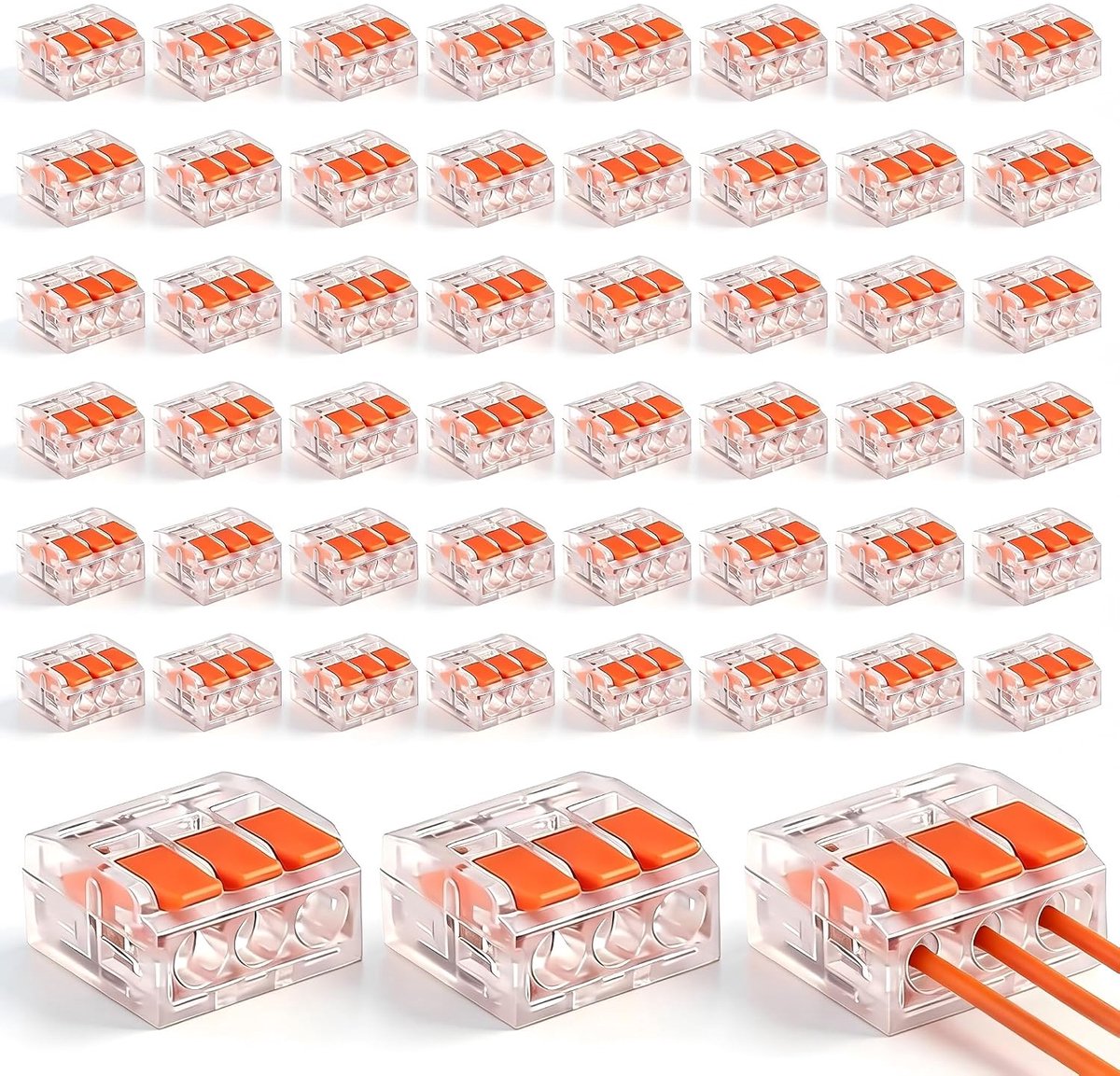 50 stuks kabelverbinders met bedieningshendel, 3-polige elektrische aansluitklemmen/aansluitblokken, verbindingsklemmen voor vaste en flexibele kabels (Oranje)