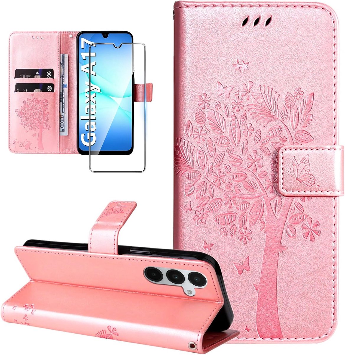 Beschermhoes voor Samsung Galaxy A17 4G/5G, portefeuille, leer, met gehard glas, motief, kaartsleuf, flip case, beschermhoes, flip case, beschermhoes, roségoud