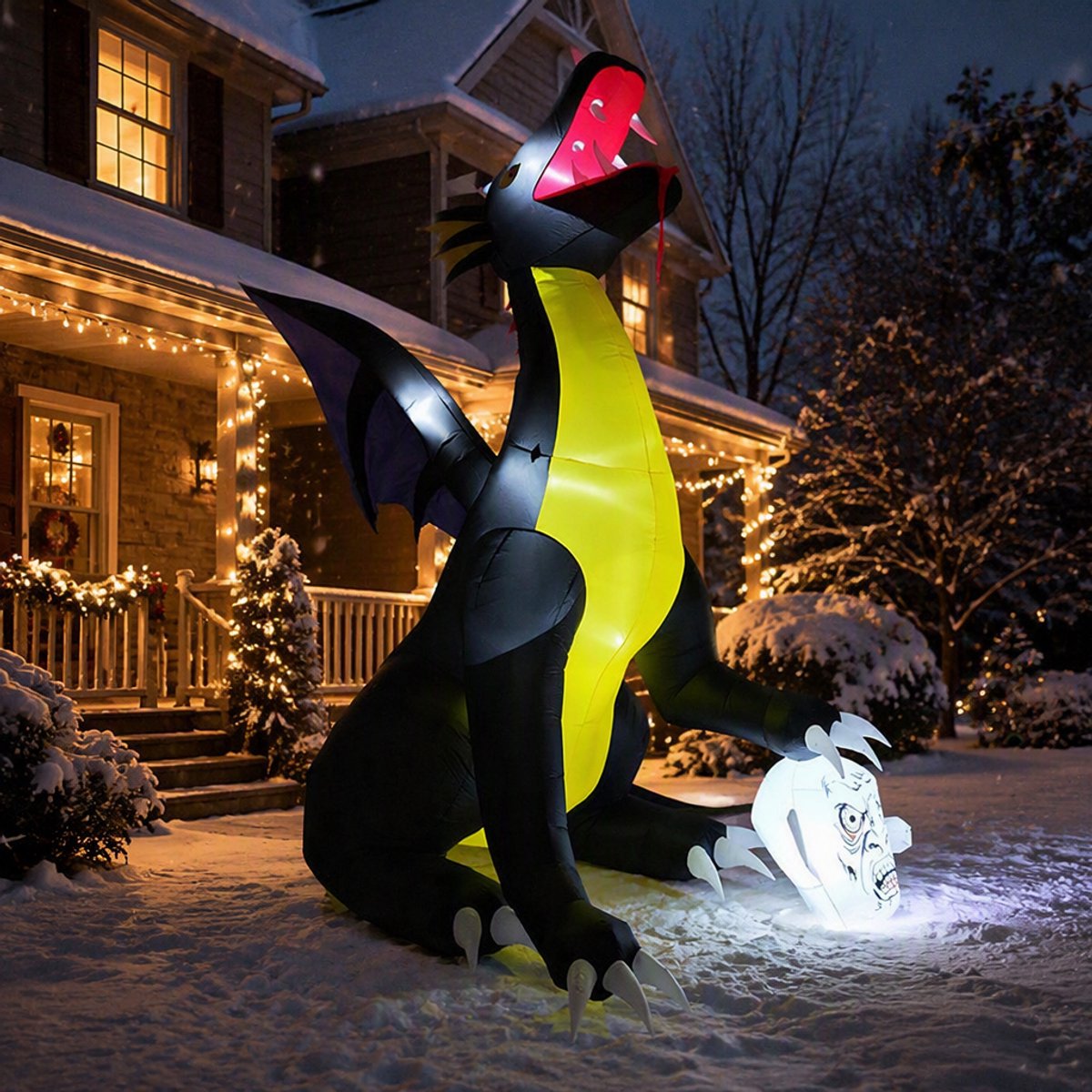 Opblaasbare Halloween-draak met pompoen - 340 cm hoog - met witte LED-verlichting - Halloween-decoratie voor tuin & buiten - incl. grondpennen