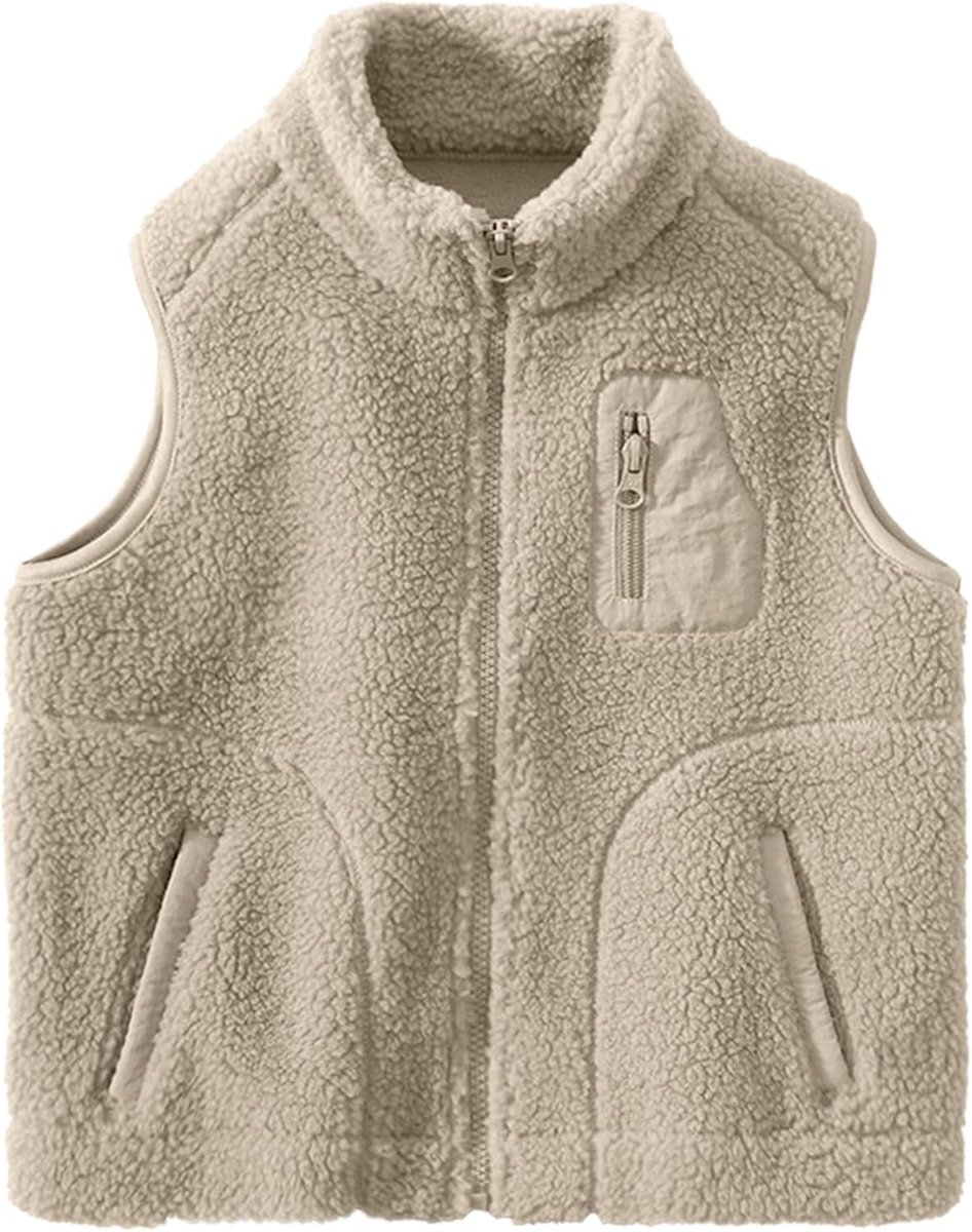 Fleece, dik, kinderen, opstaande kraag, ritssluiting, mouwloos, vader-kind-jas, herfst, winter, bovenkleding met zakken, kaki, 120, D1101 Kaki, 110-116