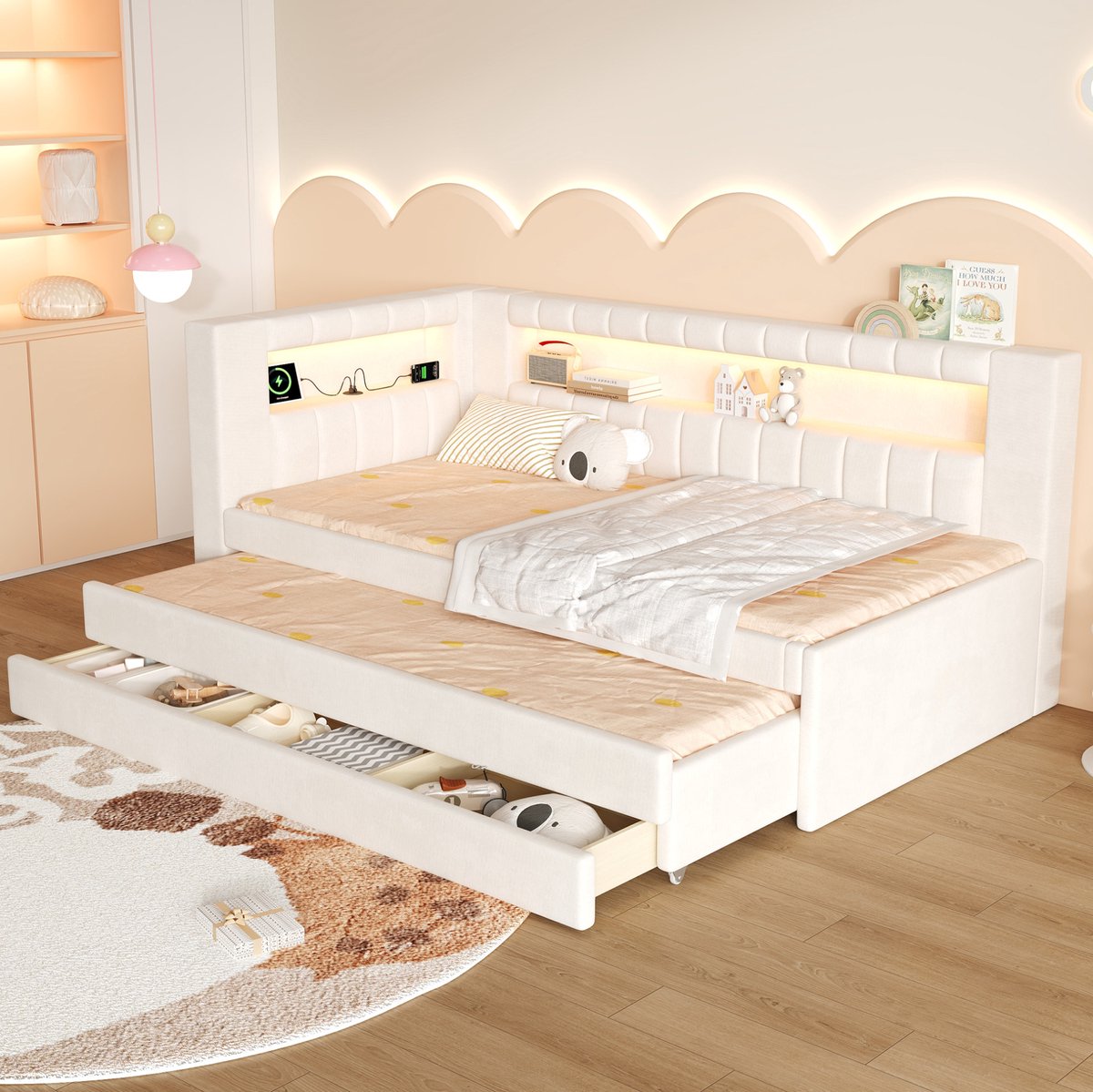 MODENUIT Bedbank – 90 x 200 cm – Met Uitschuifbed En 3 Laden – MDF En Stof – Wit – LED En USB-Aansluiting