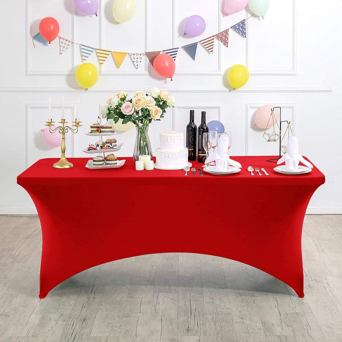 Rechthoekig, rekbaar en vlekbestendig tafelkleed, waterdicht, wasbaar en rekbaar, geschikt voor het decoreren van terrassen, keukens, bruiloften, verjaardagen, feesten, picknicks en andere gelegenheden,Rood - 183 x 76 x 76 cm (6 voet)