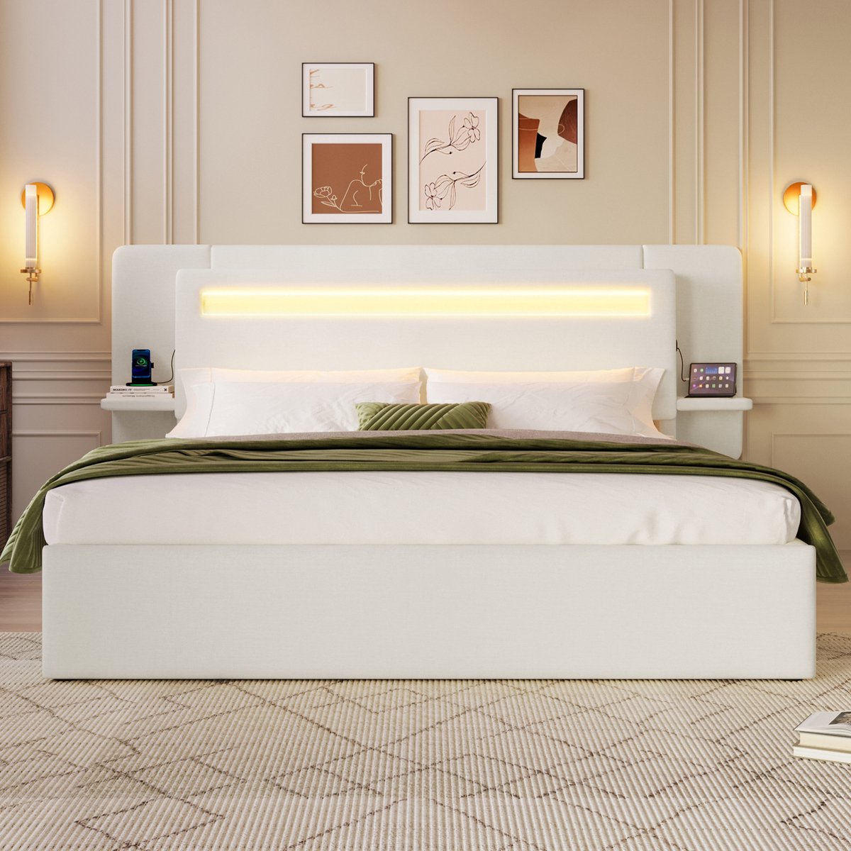 MODENUIT Bed - 140 x 200 cm - Hydraulische Opbergruimte - MDF en Linnen - Beige - Ledverlichting en USB-Aansluiting