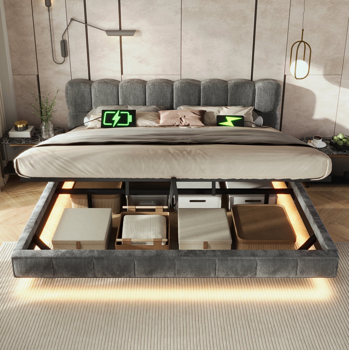 MODENUIT Gestoffeerd Bed – 160 x 200 Cm – Hydraulische Opbergruimte – Chenille – Grijs – Ledverlichting En Usb-C