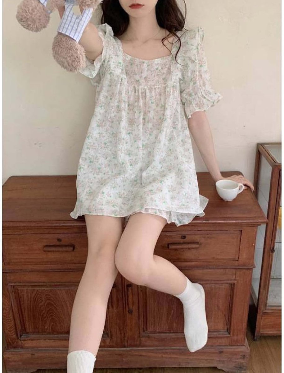 Vierkante Kraag Loungewear Set - Lente Zoete Bloemen Pofmouwen Prinses Stijl Ruches Homewear Nachtkleding,Mode Losse Korte Mouw Gezellige Mooie Pyjama Stijlvol Slaapshirt Zusters Outfit,Roze,On