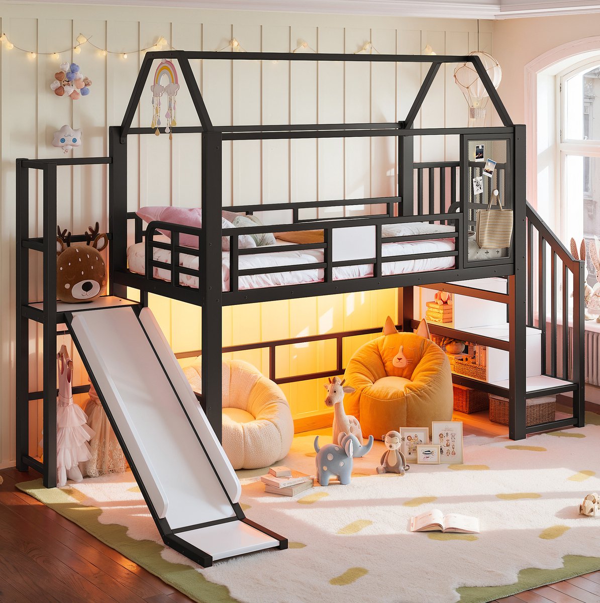 MODENUIT Kinderhoogslaper – 90 x 200 cm – Met Glijbaan en Ledverlichting – Metaal en MDF – Zwart – Huisvorm – Met Trap