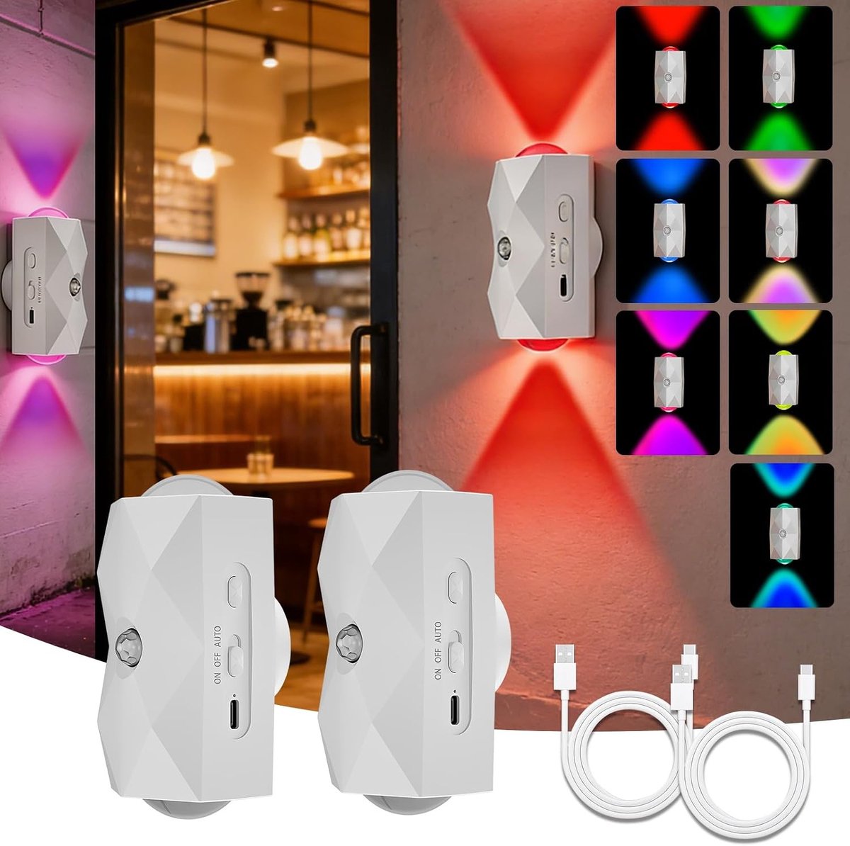 Wandlamp met Bewegingsmelder - Wit - 11 x 5,3 x 5 cm - Oplaadbaar Draadloos met 7 Kleuren - Voor Slaapkamer en Hal