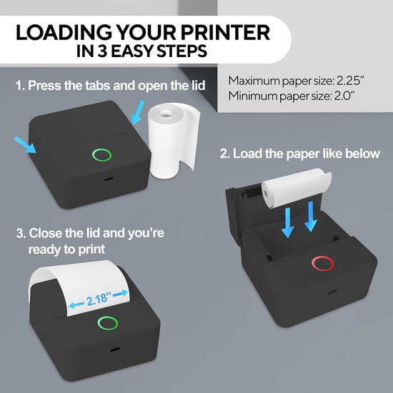 Instructies voor het laden van de printer: 1. Open de deksel. 2. Laad het papier. 3. Sluit de deksel.